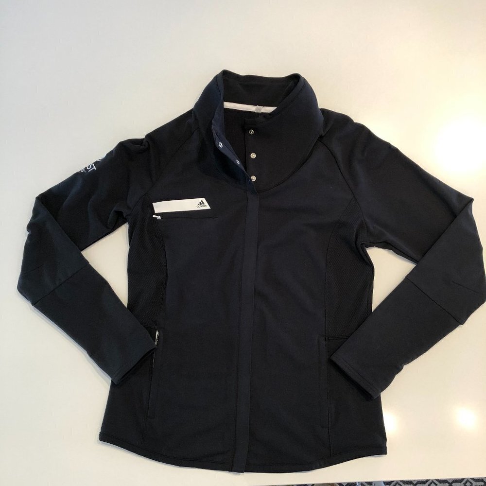 Adidas Golf Pure Motion Long Sleeve Zip-Up + Snap Closure Jacket in Black Sz M